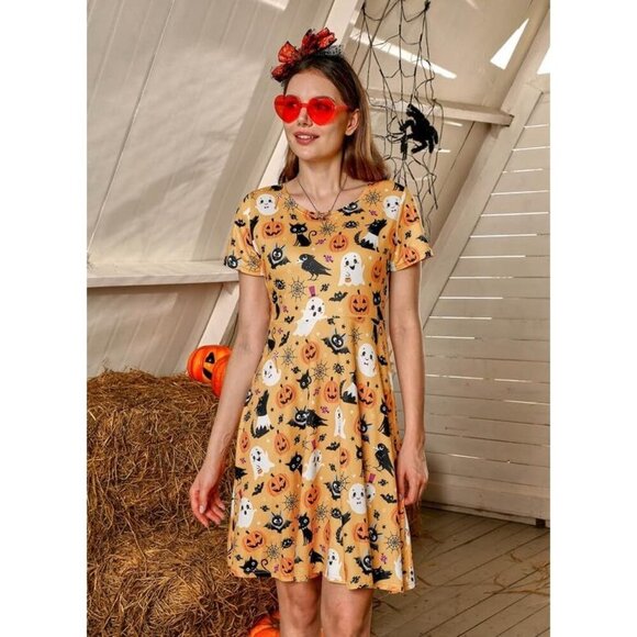 Women's Halloween Dress for Women Short Sleeves Printed Vintage Style Pumpkin - Picture 5 of 6